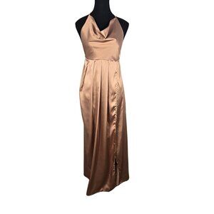 NWT | YIMEILI Champagne Satin Halter Maxi Dress | Cowl Neck | XL